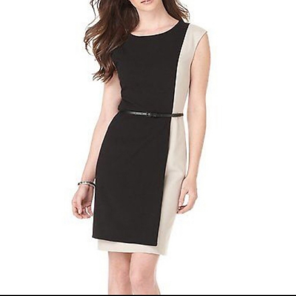 Calvin Klein Black & White Sheath Belted Faux Wrap Sleeveless Midi Dress